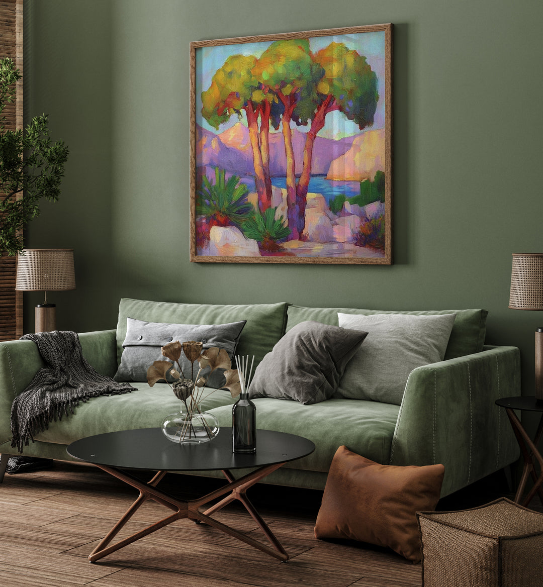 Beautiful artwork, THREE TREES BY THE SEA, brings tranquil coastal vibes to your living space. Perfect for nature lovers.