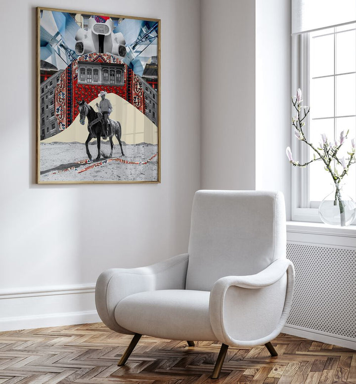 Colorful HORSEMAN, SURREAL ART PRINTS displayed in a stylish room, blending art and equestrian themes seamlessly.