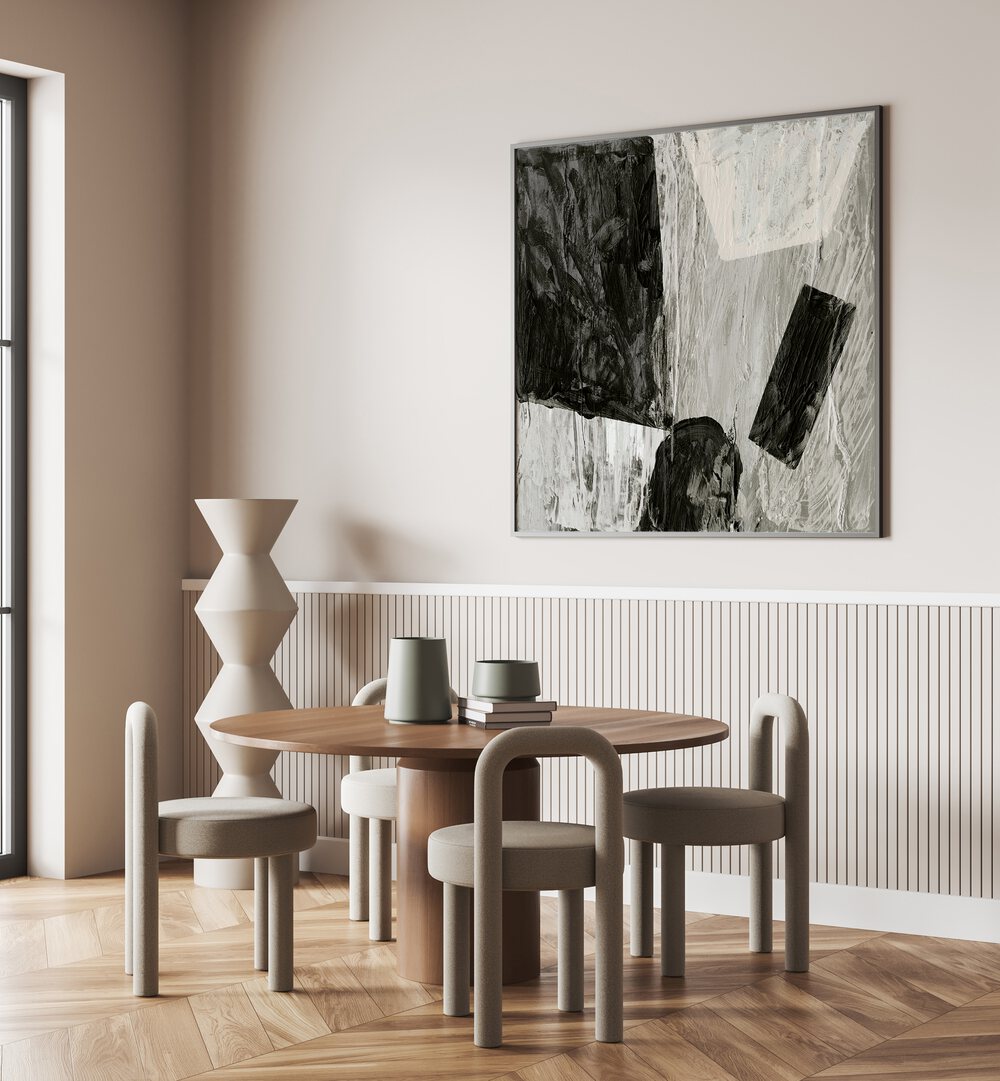 Stylish SWIVEL, ABSTRACT PAINTINGS enhance modern dining spaces with a touch of elegance and versatility.