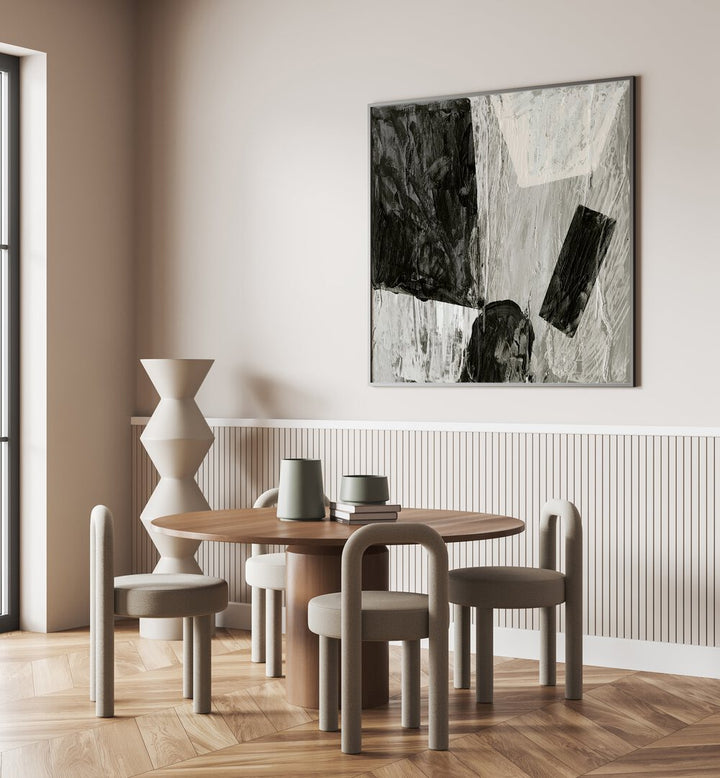 Stylish SWIVEL, ABSTRACT PAINTINGS enhance modern dining spaces with a touch of elegance and versatility.