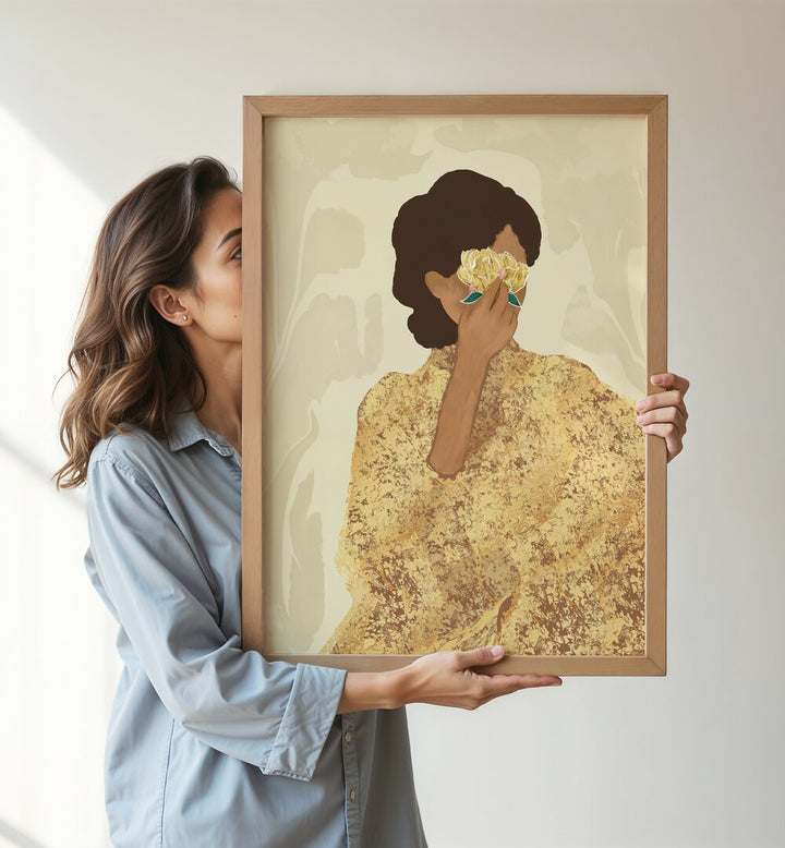 Captivating WOMAN WITH GOLD PEONY, PORTRAITS artwork showcasing divine feminine beauty and spirituality in Indian art.
