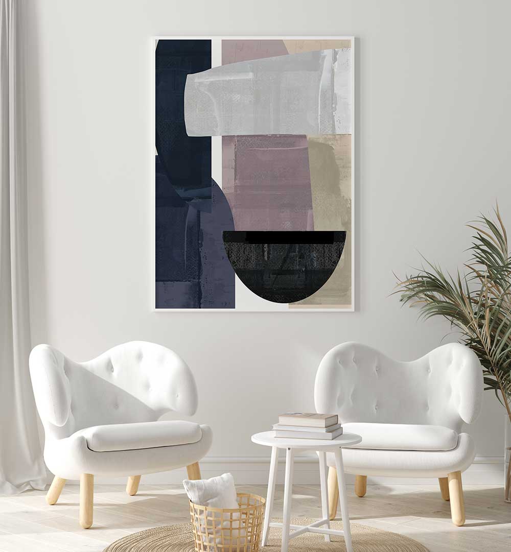 Stylish living room featuring NAVY SHAPES II, ABSTRACT PAINTINGS with deep navy hues and geometric designs.