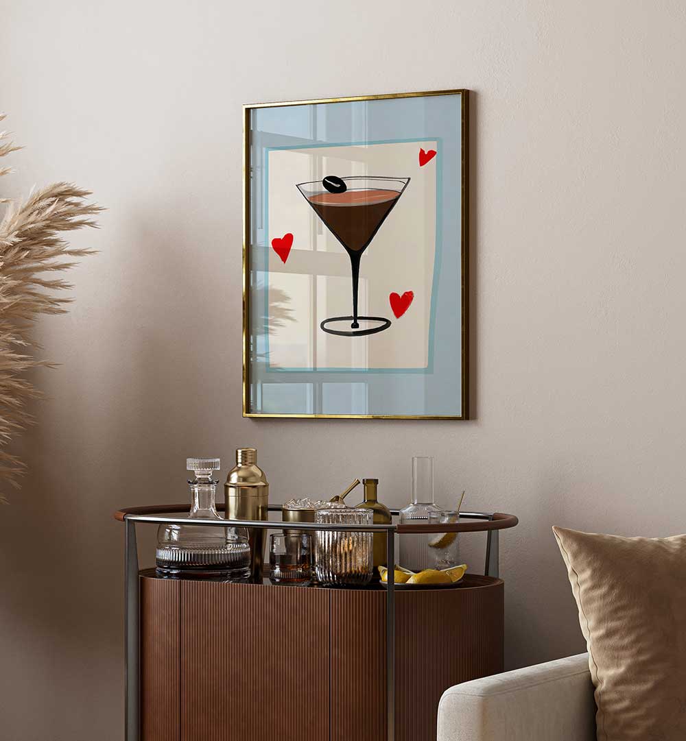 ESPRESSO MARTINI BABY , BAR art above a stylish bar cart with glassware and cocktail accessories in warm decor.