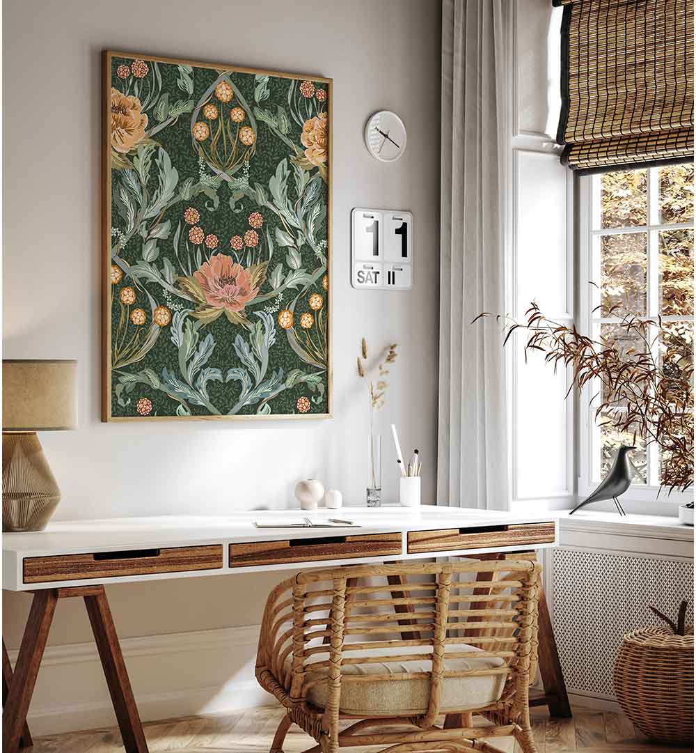 Elegant GOLDEN FOREST PATTERN, PATTERN ART PRINTS enhance a stylish workspace with nature-inspired design.