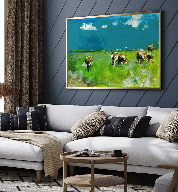 Cows in Landscape II, landscape paintings bring serene countryside beauty to your space with gentle grazing cows.