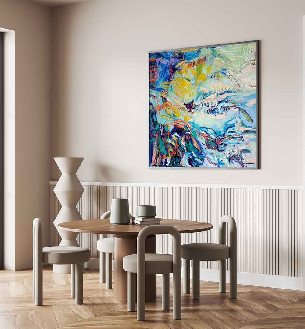 Dining room with colorful canvas FLOWING HUES , ABSTRACT PAINTINGS showing blue, yellow and teal brushstrokes