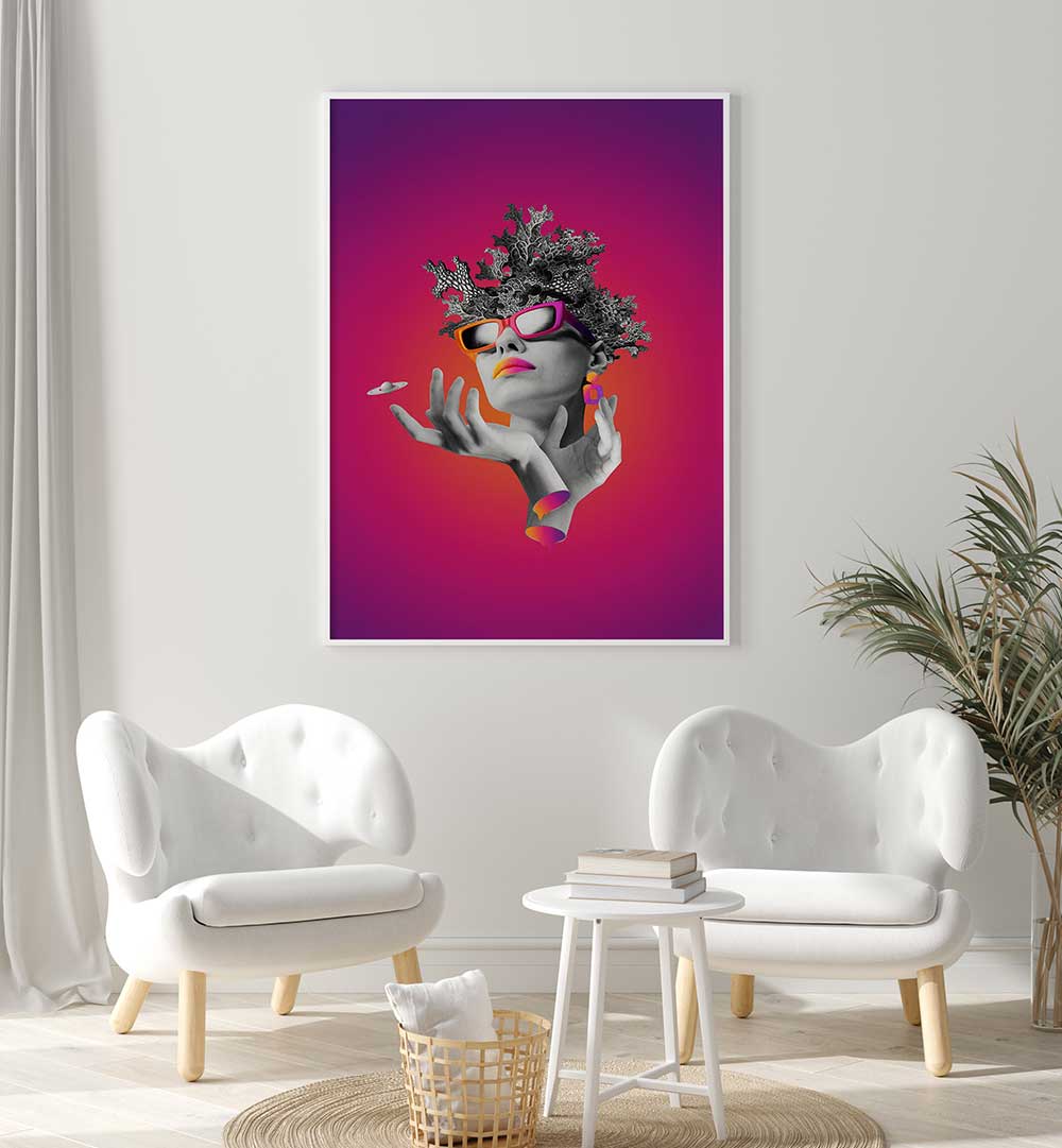 LADY ON PINK, SURREAL ART PRINTS showcases a chic woman with vibrant colors, perfect for modern home decor.