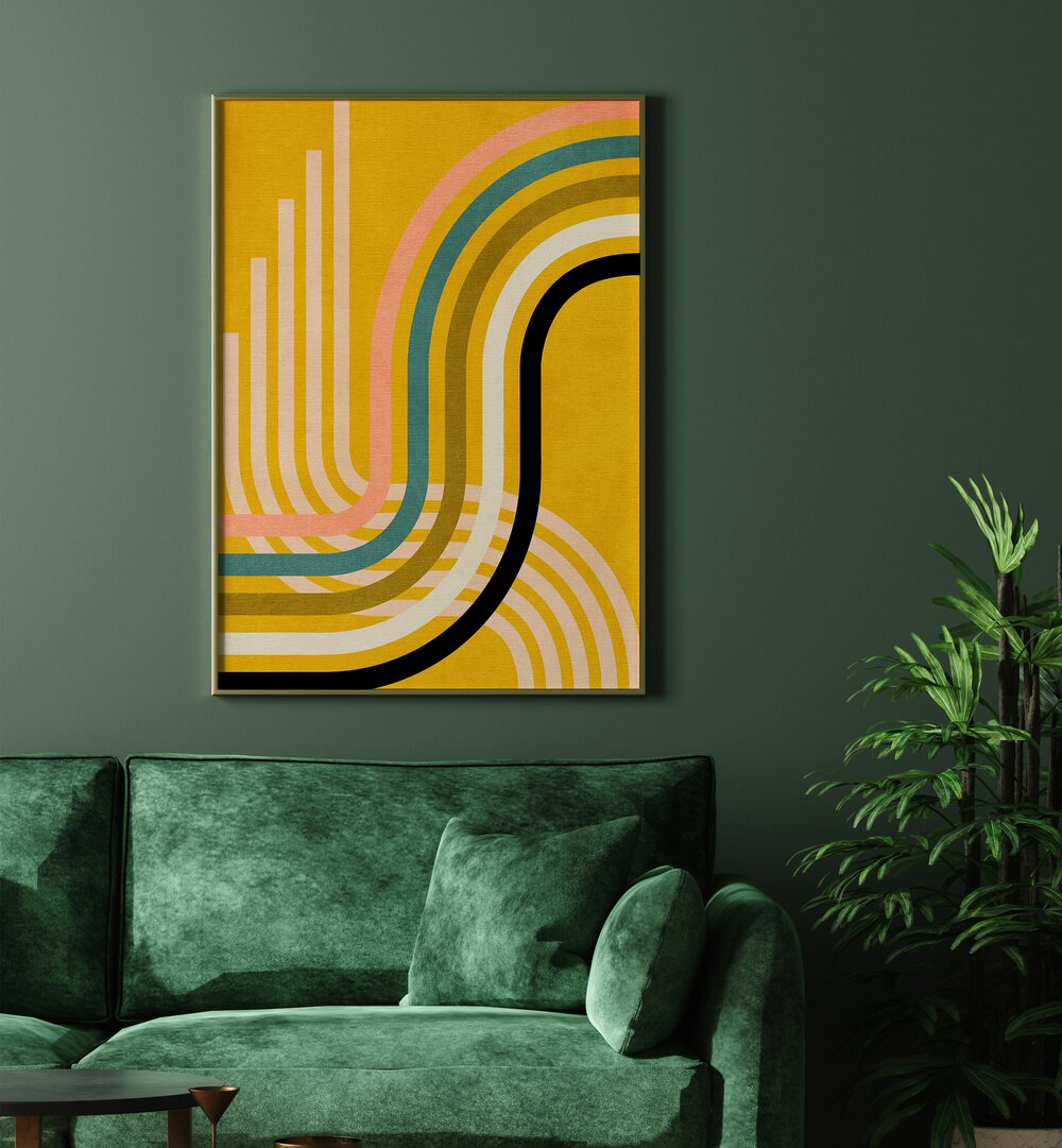 Rainbow Suns Ix Kopie By Ana Rut Bre Abstract Art Abstract Wall Art in Oak Wood Plain Frame placed on a wall behind a sofa