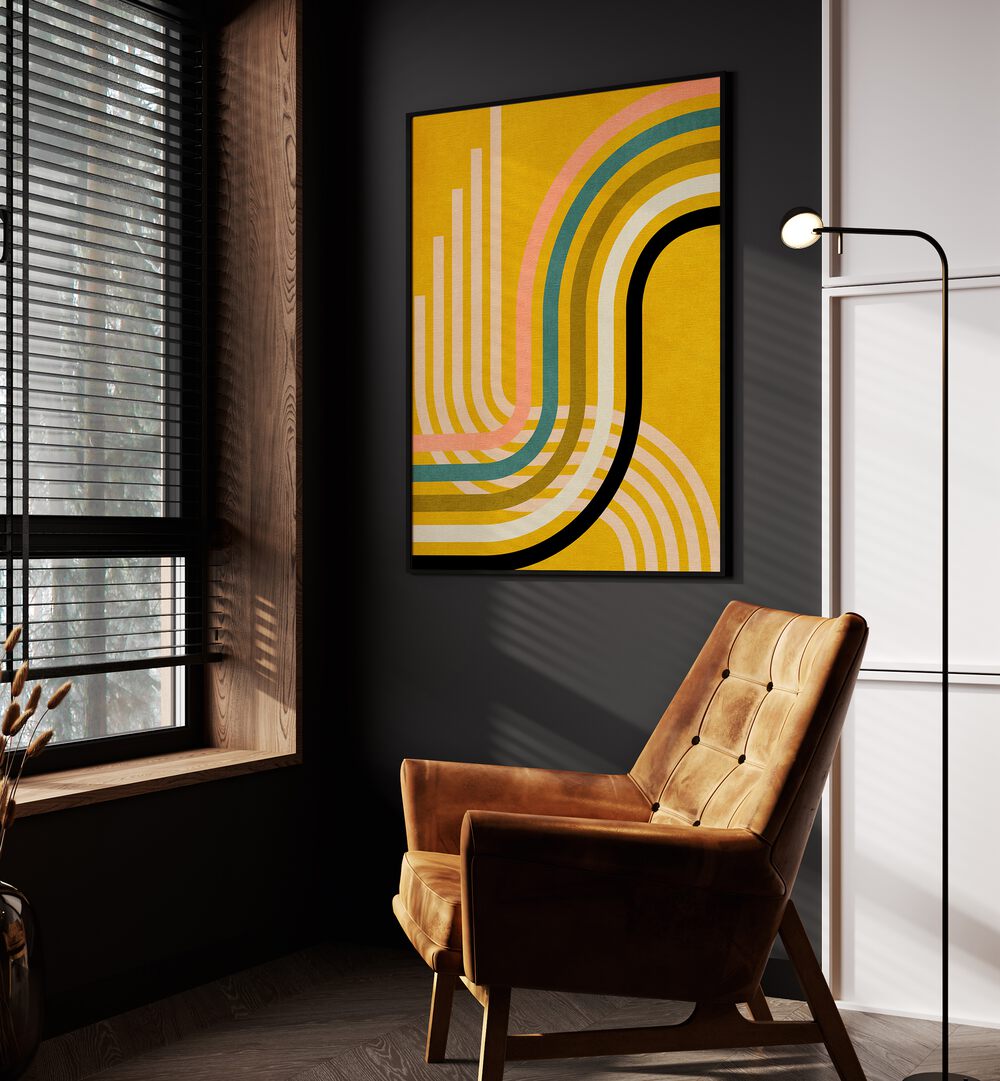 Rainbow Suns Ix Kopie By Ana Rut Bre Abstract Art Abstract Wall Art in Black Plain Frame placed on the wall between a sofa and a window