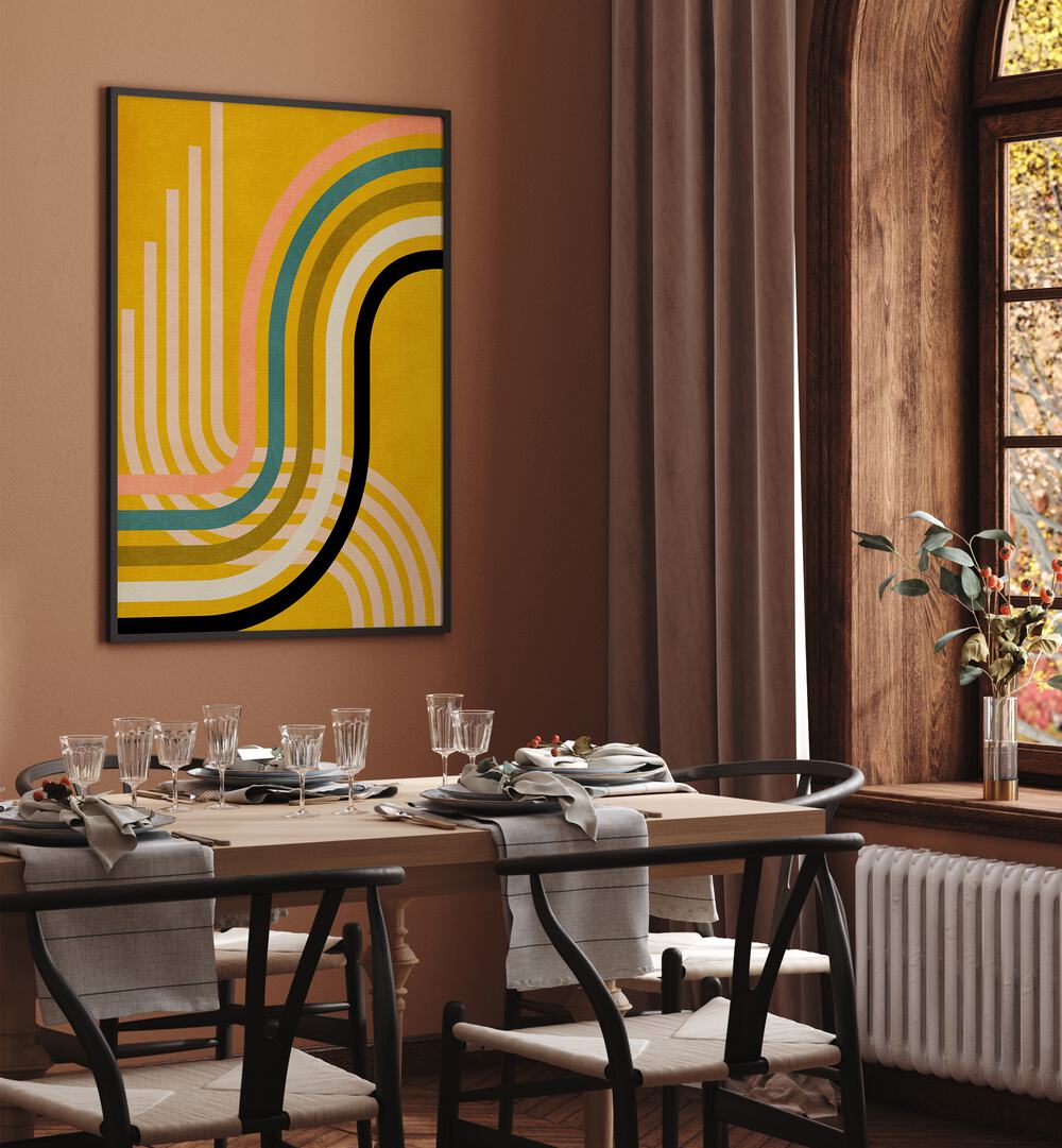 Rainbow Suns Ix Kopie By Ana Rut Bre Abstract Art Abstract Wall Art in Black Plain Frame placed on a wall behind a dining table 