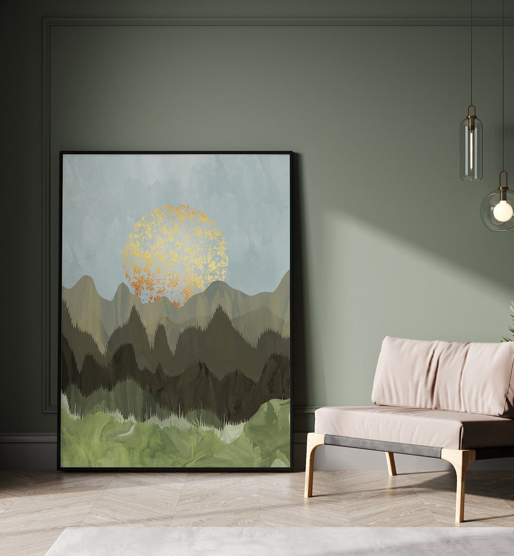 Serene MOUNTAIN VIEW, LANDSCAPE PAINTINGS showcasing layered mountains and a vibrant sun, perfect for any decor.
