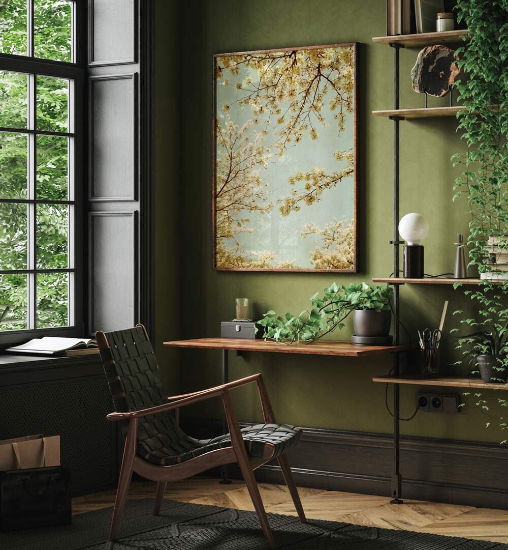 Bright living space featuring VINTAGE SKY, FLORAL FLOWER PAINTINGS showcasing delicate cherry blossoms in springlight.