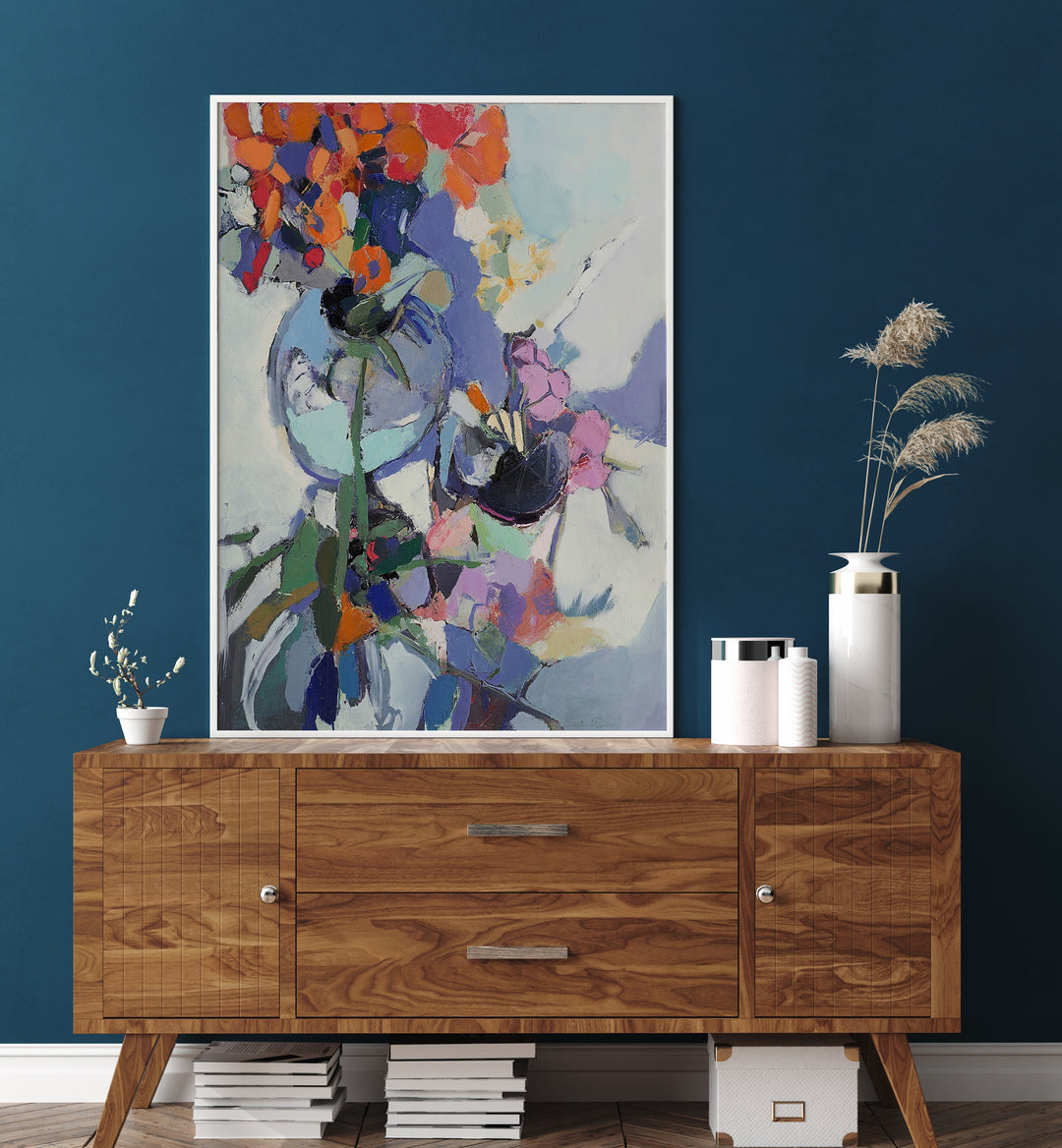 Bright and vibrant ORANGE POPPIES, ABSTRACT PAINTINGS enhance home decor with a burst of color and life.