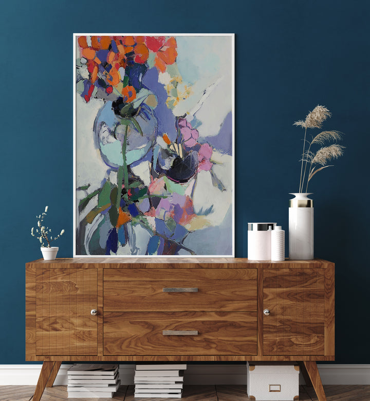 Bright and vibrant ORANGE POPPIES, ABSTRACT PAINTINGS enhance home decor with a burst of color and life.