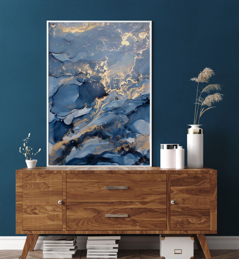 WAVES III, ABSTRACT PAINTINGS displayed in a modern interior, enhancing the blue wall with elegant artistry.