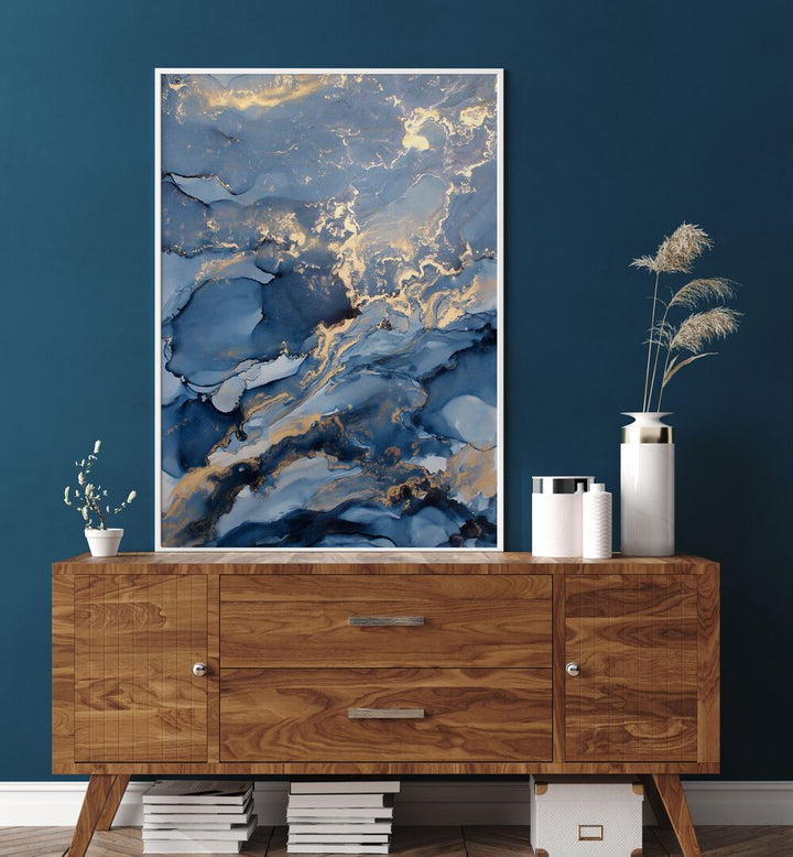 WAVES III, ABSTRACT PAINTINGS displayed in a modern interior, enhancing the blue wall with elegant artistry.