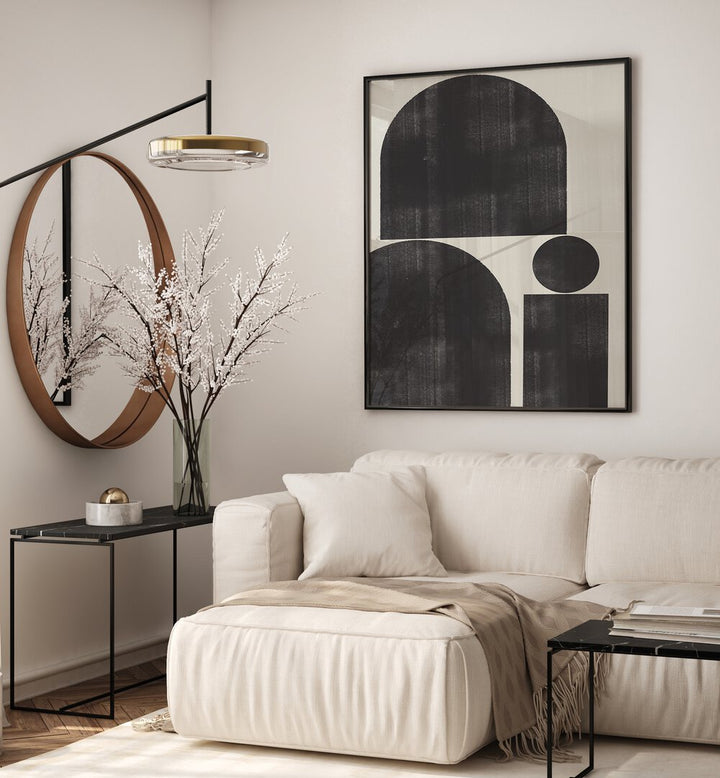 Stylish living room featuring SHAPE STUDY I, GEOMETRIC ART PRINTS by The Miuus Studio, enhancing modern elegance.