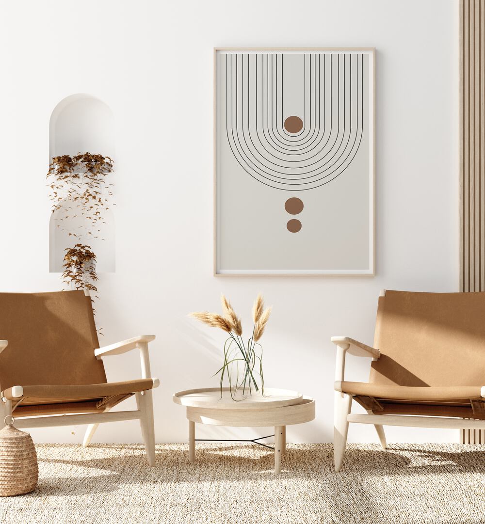 Stylish living room featuring ARCH II, BOHO ART PAINTINGS by The Miuus Studio, enhancing modern decor beautifully.