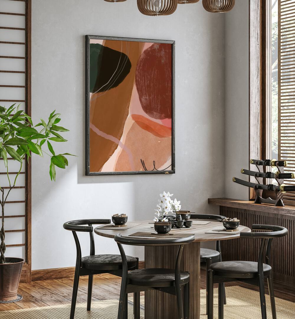 Chic interior featuring CHATTER, ABSTRACT PAINTINGS, complementing a modern dining space with natural elements.