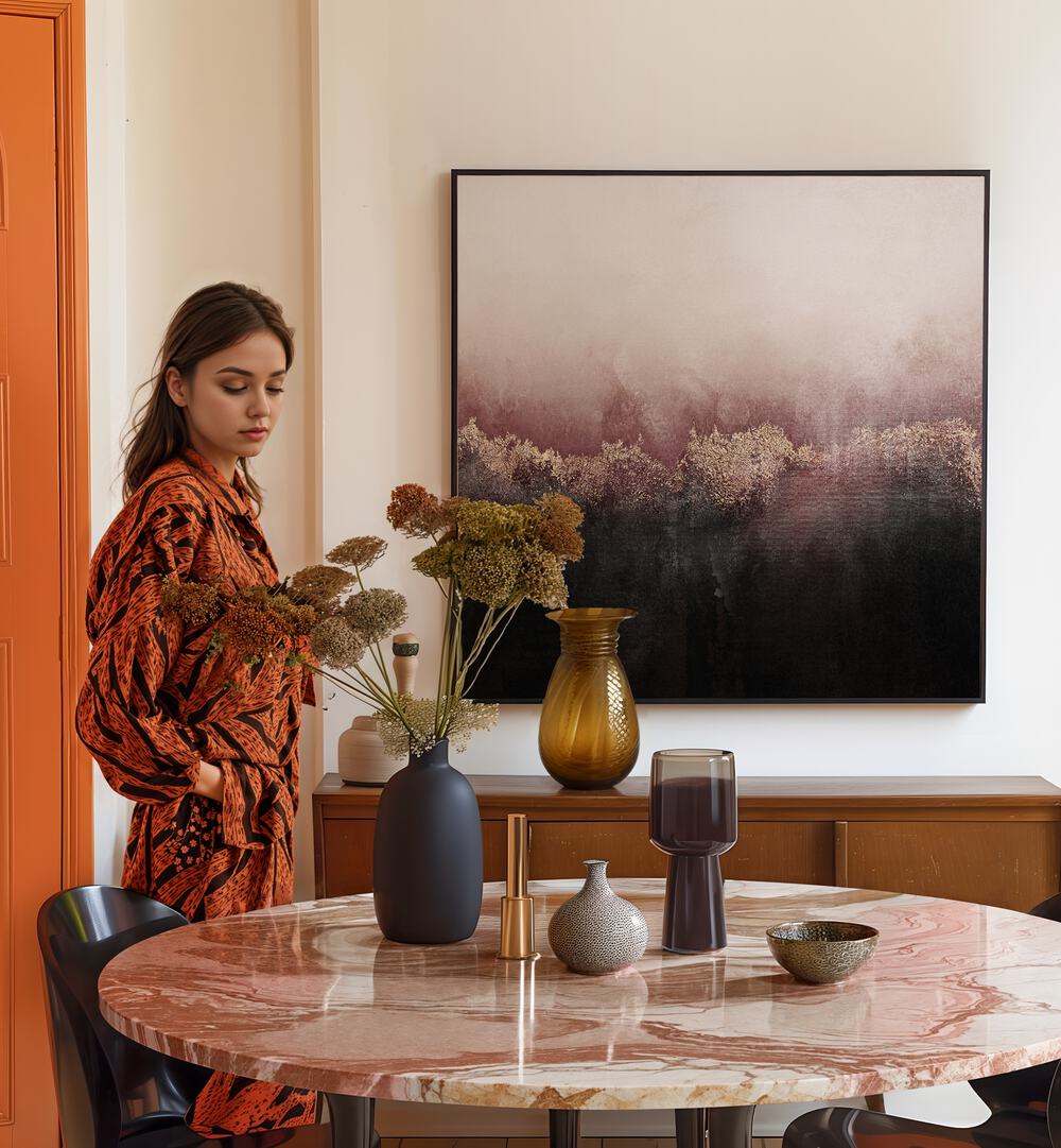 Elegant interior featuring PINK SKY III, ABSTRACT PAINTINGS, enhancing contemporary decor with its enchanting allure.