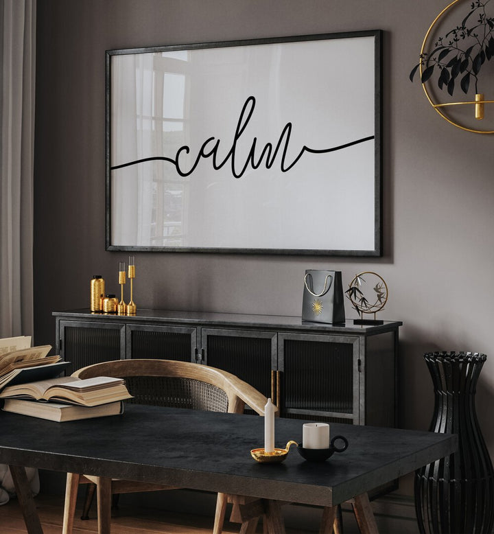 Stylish CALM, QUOTES poster enhancing relaxation in a serene home office setting, perfect for your tranquil space.