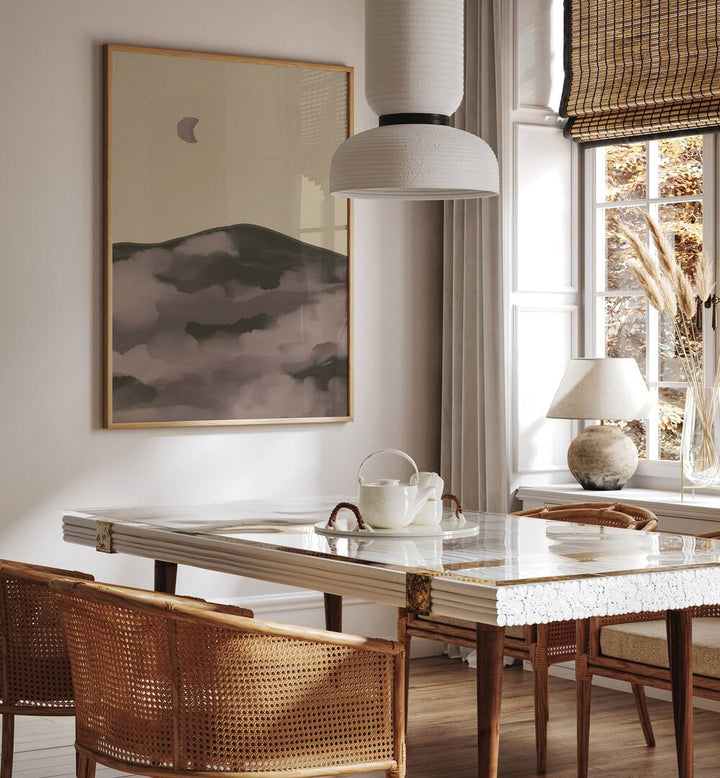 Elegant NIGHT, LANDSCAPE PAINTINGS adorn a chic dining space, capturing the tranquility of evening magic.