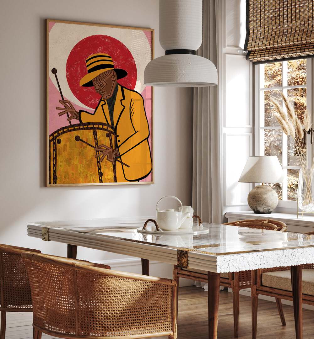 Vibrant MUSICIAN GUY II, MOVIE POSTERS artwork enhancing a stylish dining space, perfect for music lovers.