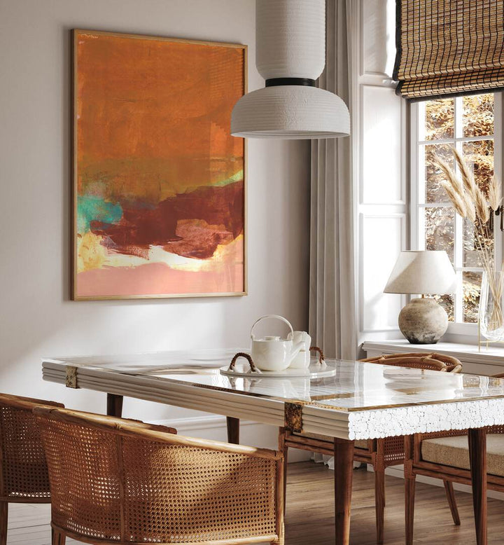 CORRELATIONS IV, ABSTRACT PAINTINGS adorns a modern dining room, blending vibrant colors and sophisticated design.