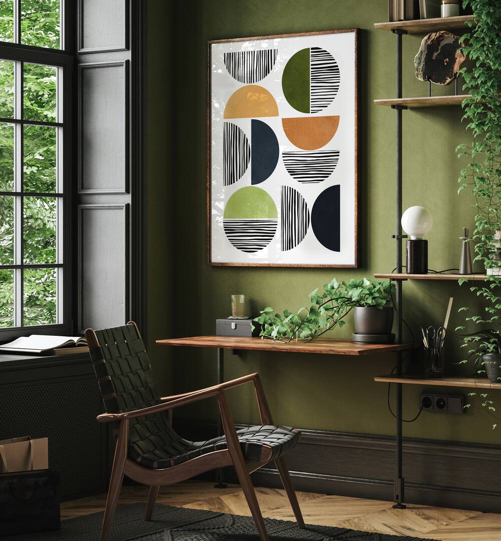 Modern living space featuring LINES AND CIRCLES, GEOMETRIC ART PRINTS, showcasing vibrant geometric shapes and lines.