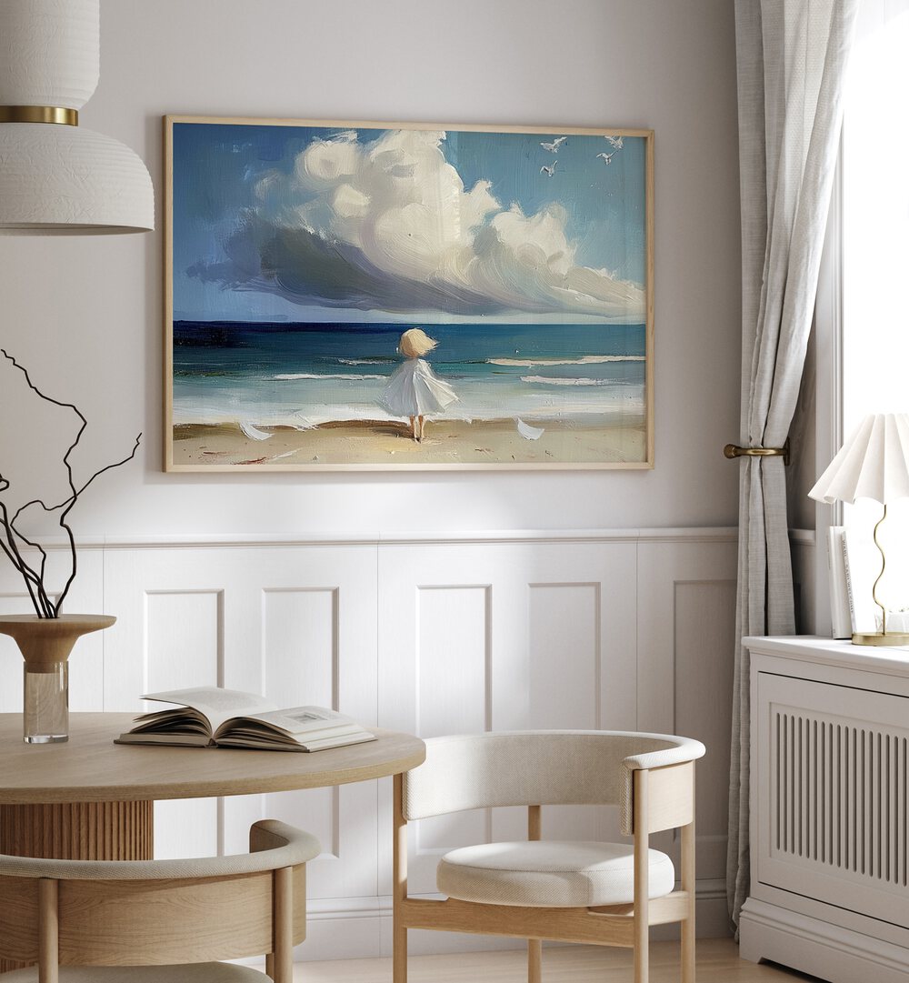 Whimsical artwork of a LITTLE GIRL ON THE BEACH, capturing innocence and joy, perfect for home decor.