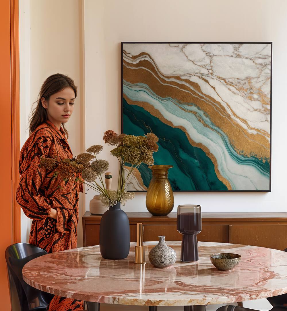 Stylish GOLDEN VEIN WAVES, ABSTRACT PAINTINGS enhancing modern decor with a serene, nature-inspired design.