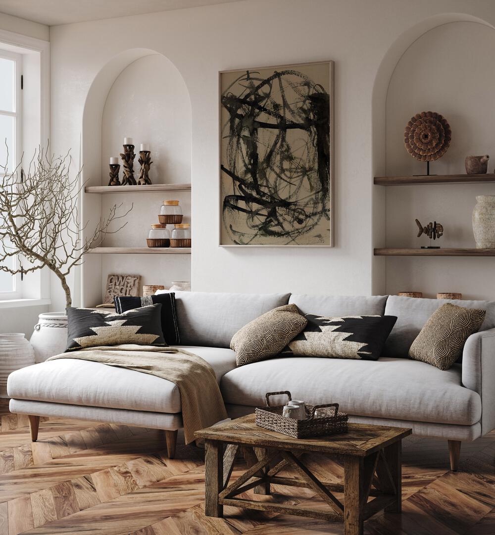 Stylish living room featuring BRUSHED, ABSTRACT PAINTINGS that enhance creativity and elegance in any space.