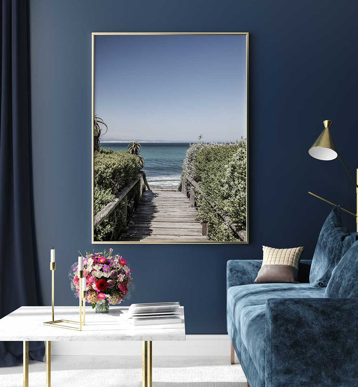 SEASIDE TRANQUILITY , BEACH PAINTINGS framed coastal walkway to ocean, lush dunes, navy living room decor