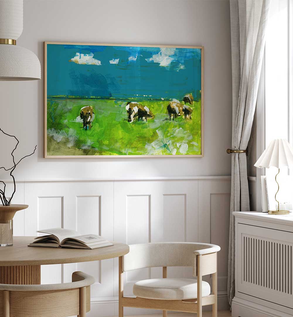 Serene Cows in Landscape II painting, showcasing gentle cows grazing in lush greenery, perfect for landscape paintings lovers.