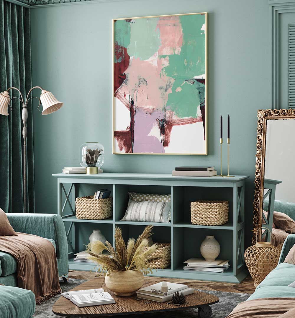 Brightly colored BLUE PINK DUSKY III, ABSTRACT PAINTINGS, enhancing a stylish living space with artistic flair.