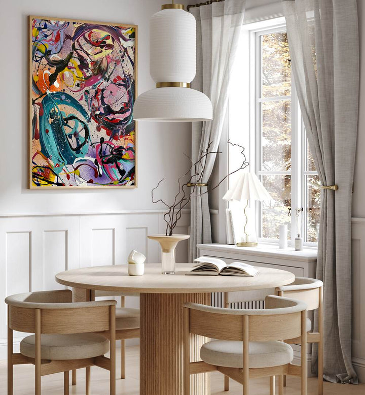 Colorful REI Abstract Paintings displayed in a modern dining space, enhancing creativity and style.