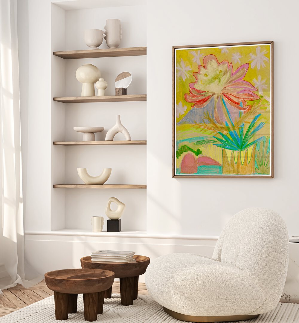 Bright and colorful FLOWERY, FLORAL FLOWER PAINTINGS by Eleanor Baker enhance modern decor in a stylish living room.