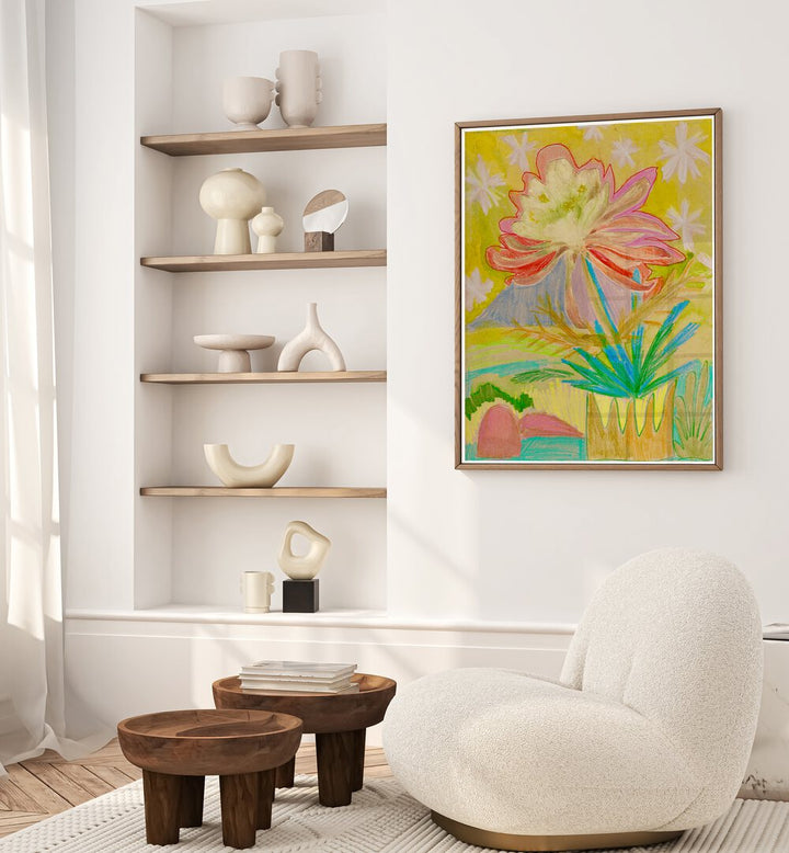 Bright and colorful FLOWERY, FLORAL FLOWER PAINTINGS by Eleanor Baker enhance modern decor in a stylish living room.