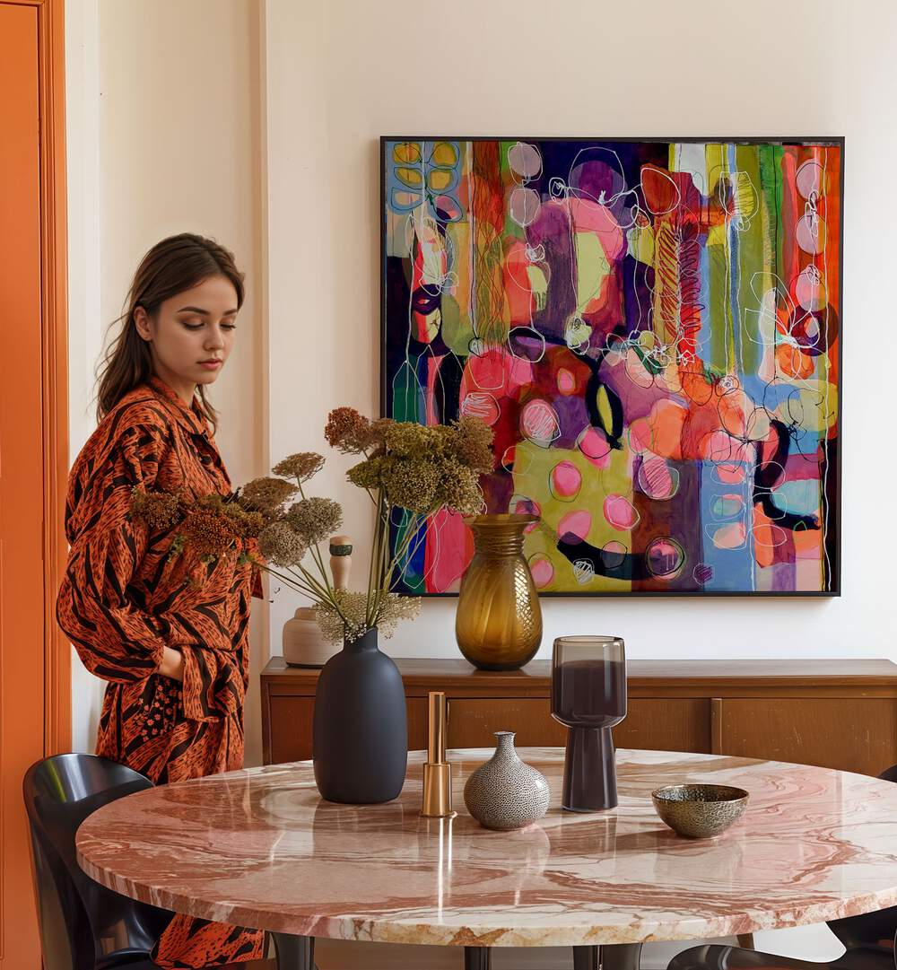 Colorful FALLING, RISING II abstract paintings enhance modern spaces, showcasing vibrant emotion and artistic expression.