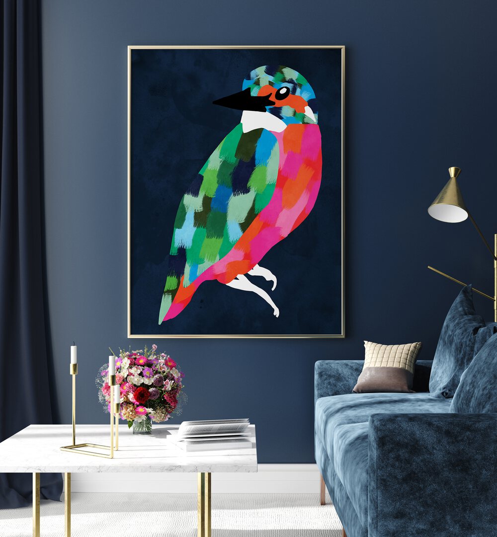 Colorful bird artwork showcasing PATCHWORK PERFECTION, ANIMAL PAINTINGS enhances any living space beautifully.