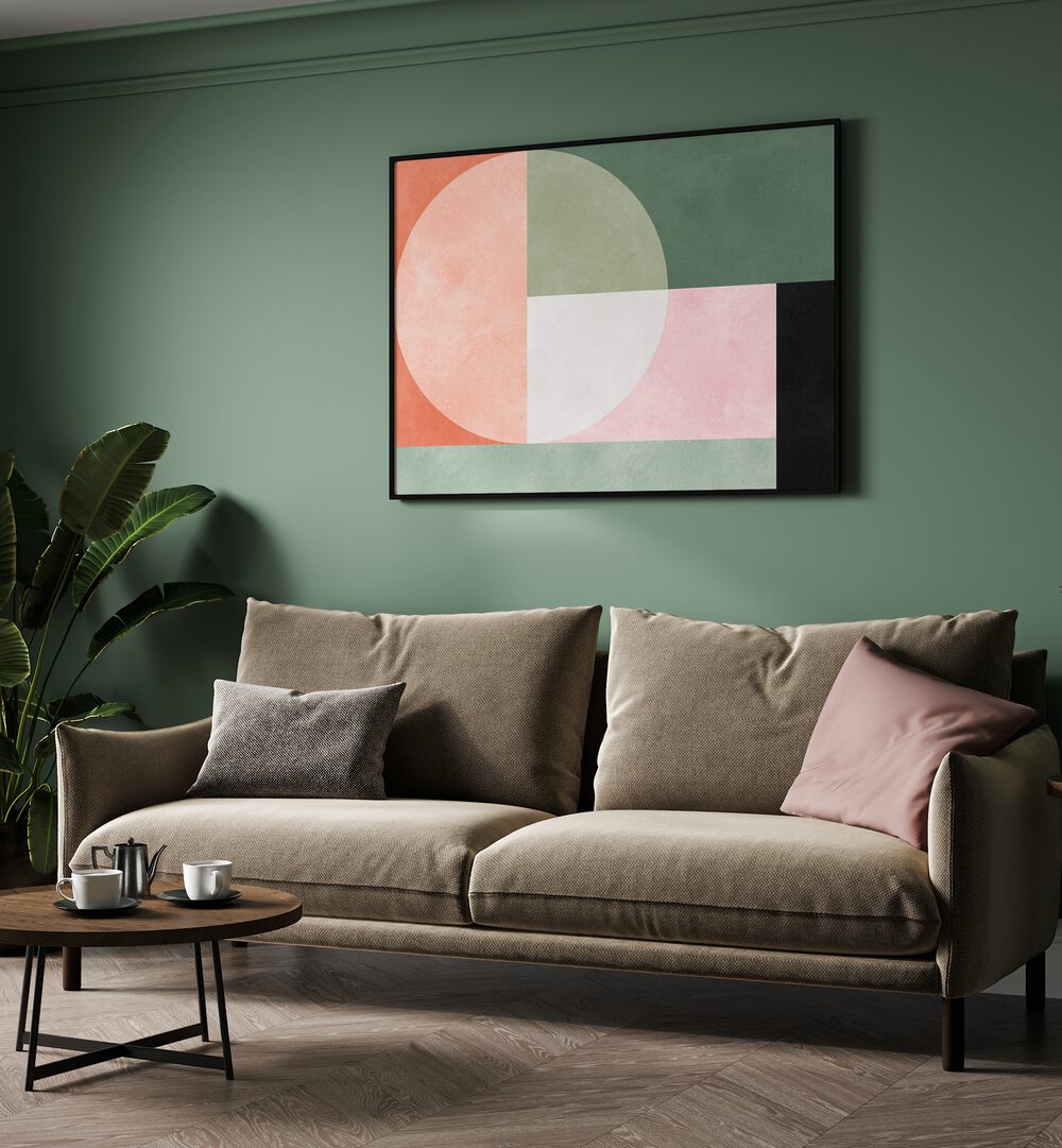Stylish HARMONY 4, GEOMETRIC ART PRINTS adorns a contemporary living space, enhancing modern decor and elegance.