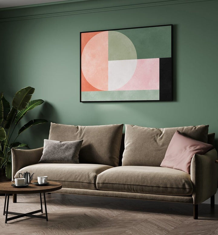 Stylish HARMONY 4, GEOMETRIC ART PRINTS adorns a contemporary living space, enhancing modern decor and elegance.
