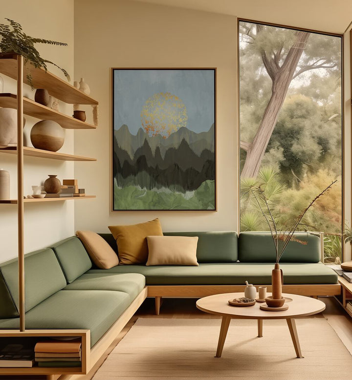 Stylish MOUNTAIN VIEW, LANDSCAPE PAINTINGS enhancing a cozy living room with nature-inspired decor.