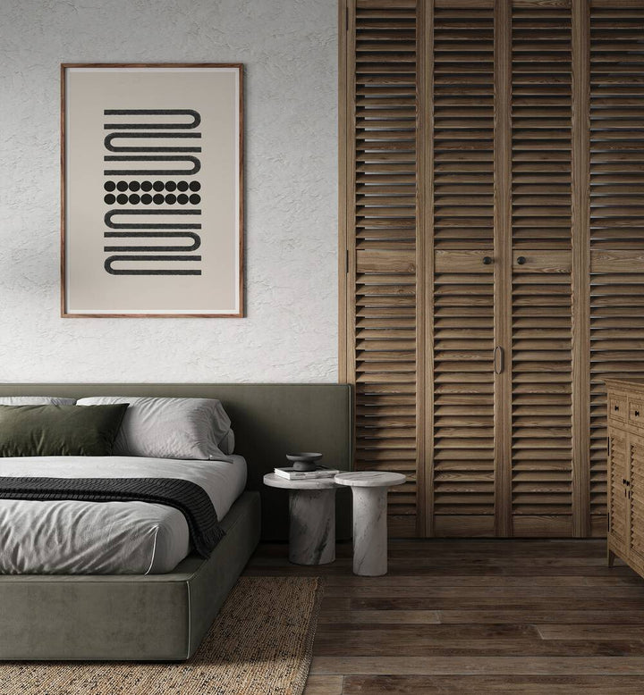 Stylish bedroom featuring BLACK ARCHES AND DOTS, GEOMETRIC ART PRINTS from The Miuus Studio for modern decor.