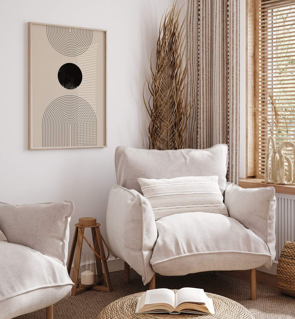 Elegant BLACK ARCH LINE ART II, GEOMETRIC ART PRINTS enhancing a chic living space with modern sophistication.