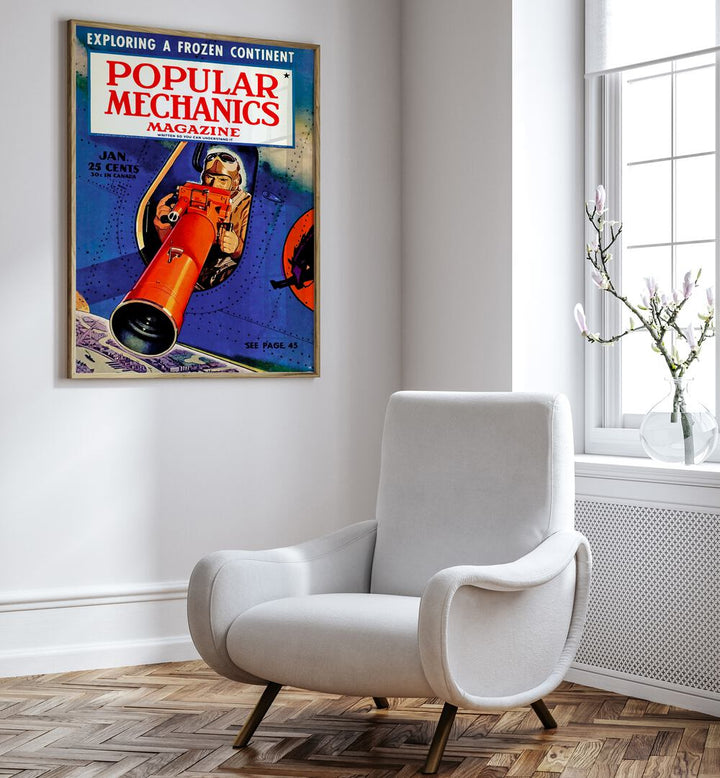 Framed POPULAR MECHANICS vintage travel poster showcasing exploration, perfect for decor enthusiasts.