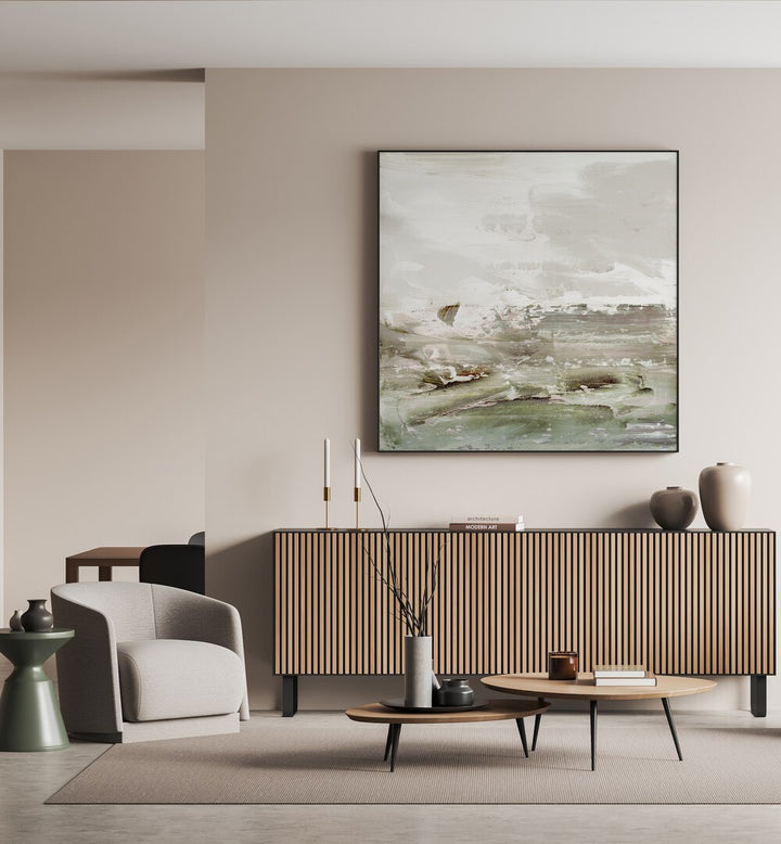 Stylish interior featuring TERRAIN, ABSTRACT PAINTINGS, enhancing modern decor with a serene, earthy palette.
