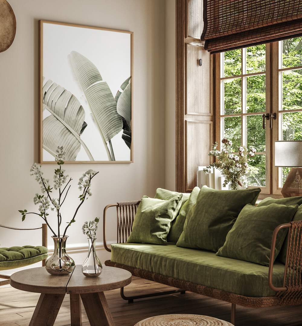 Stylish interior featuring BANANA LEAF I, FLORAL FLOWER PAINTINGS, enhancing natural beauty and elegance in the space.