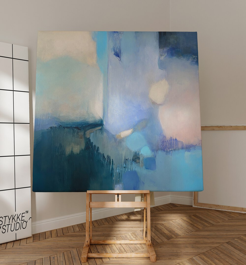 Stunning FROZEN HAZE, ABSTRACT PAINTINGS showcase calming hues that enhance any modern space beautifully.