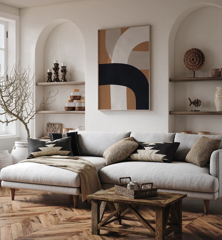 Stylish living room featuring UNDULATING CURVES VIII, GEOMETRIC ART PRINTS, enhancing modern decor with elegance.